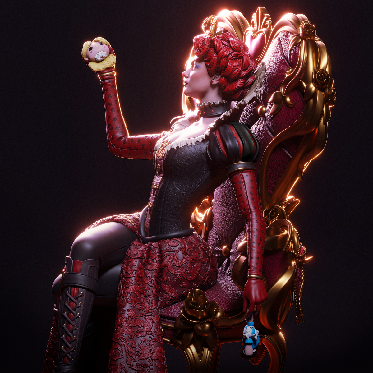 Queen of Hearts on Throne Statue – Alice in Wonderland | Maximum Detailed 16K Ultra-High Definition